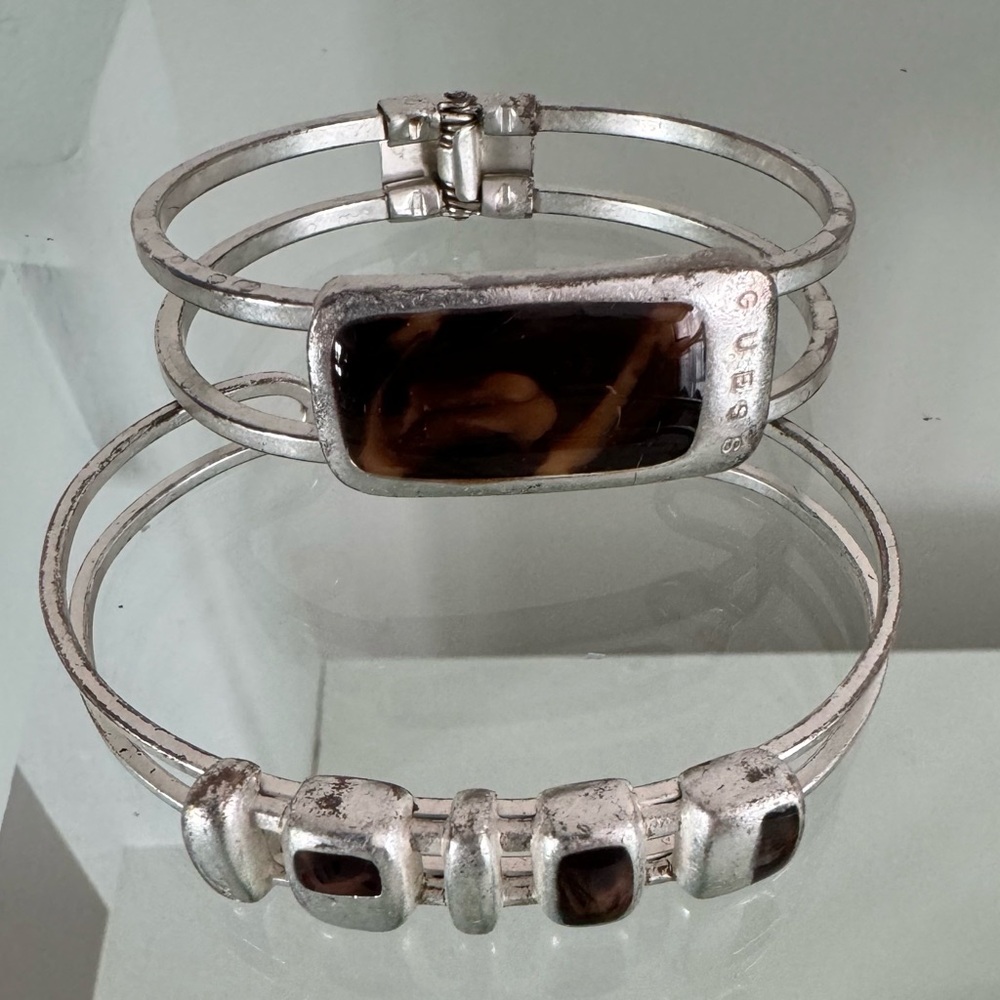 Vintage GUESS Silver-Tone Brown Stone Double Bangle Bracelet